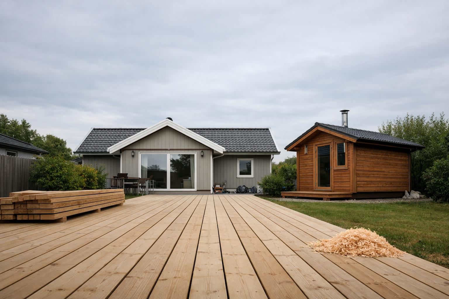 Skandinavisk bakgård med nybyggt trädäck och timmerhus med sadeltak samt bastu.