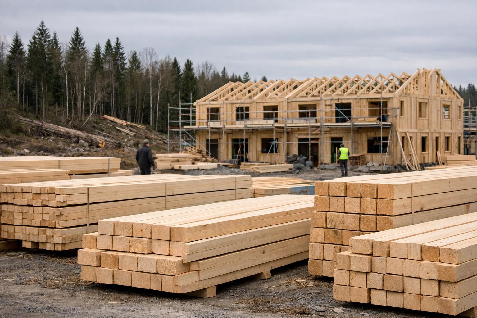 Furuvirke på sågplats bredvid ett timmerhus under byggnation, skog i bakgrunden